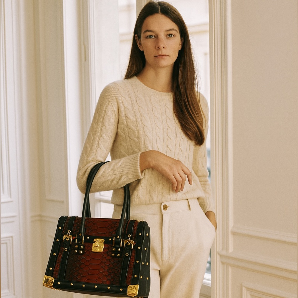 Red & Black Studded Snakeskin Satchel Tote with Gold Hardware